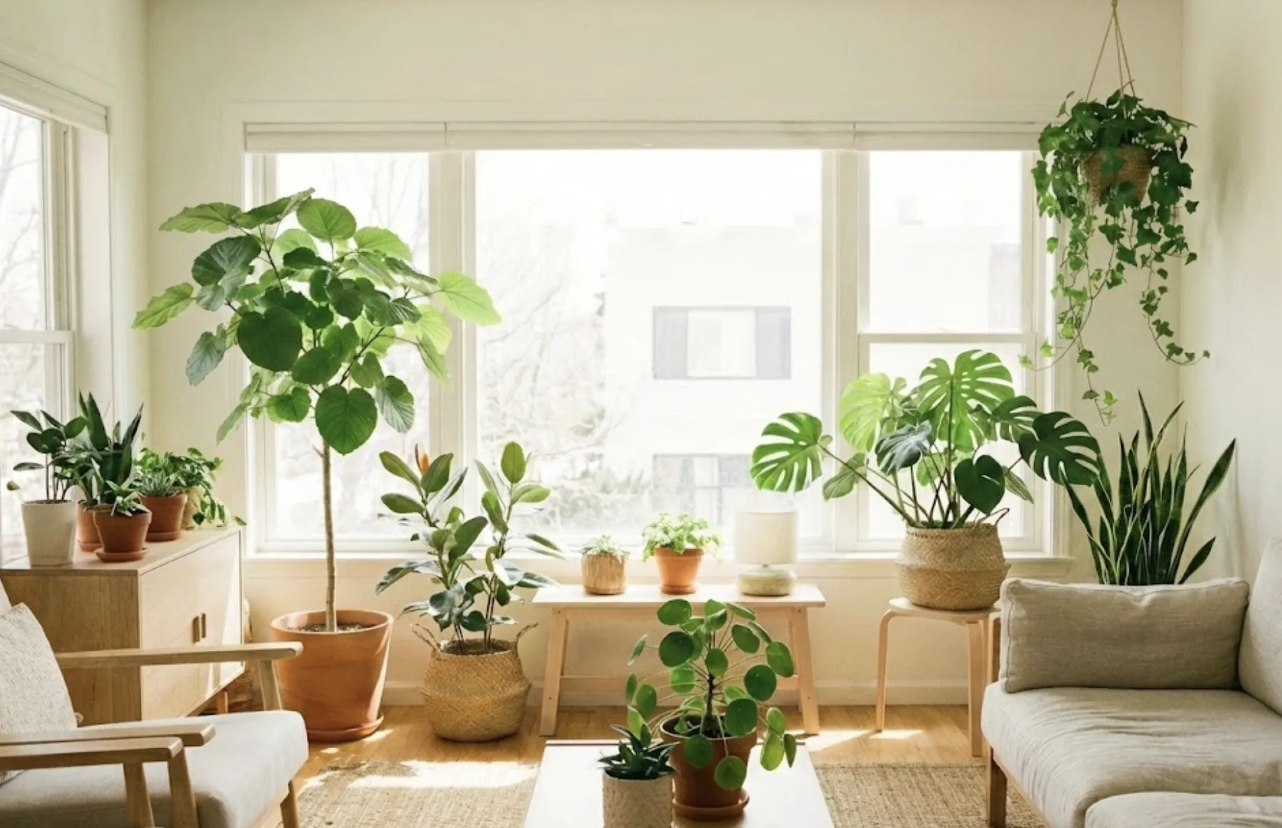 明るいリビングに並ぶ観葉植物